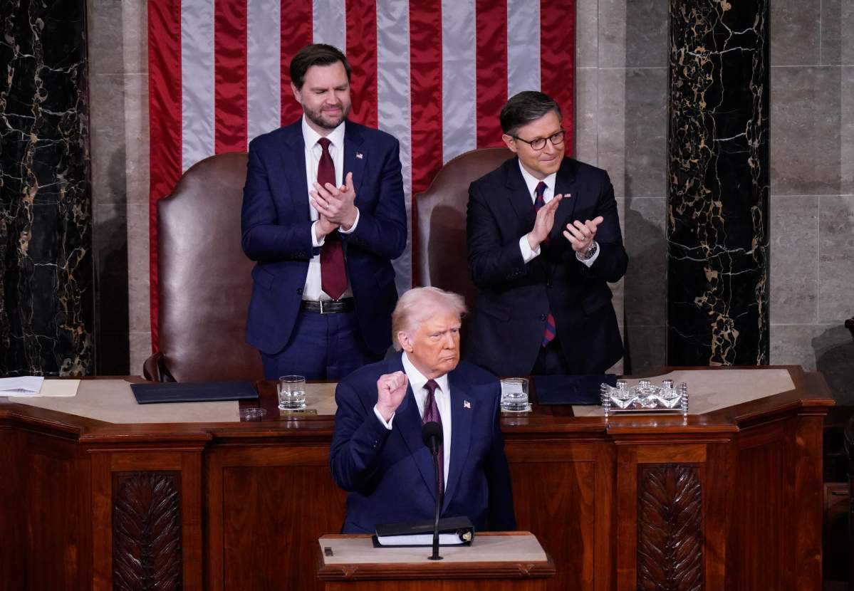 U.S. President Donald J Trump addresses a joint session of Congress as Vice President JD Vance and Speaker of the House Mike Johnson (R-LA) listen in the Capitol building's House chamber on Tuesday, March 04, 2025 in Washington, DC.