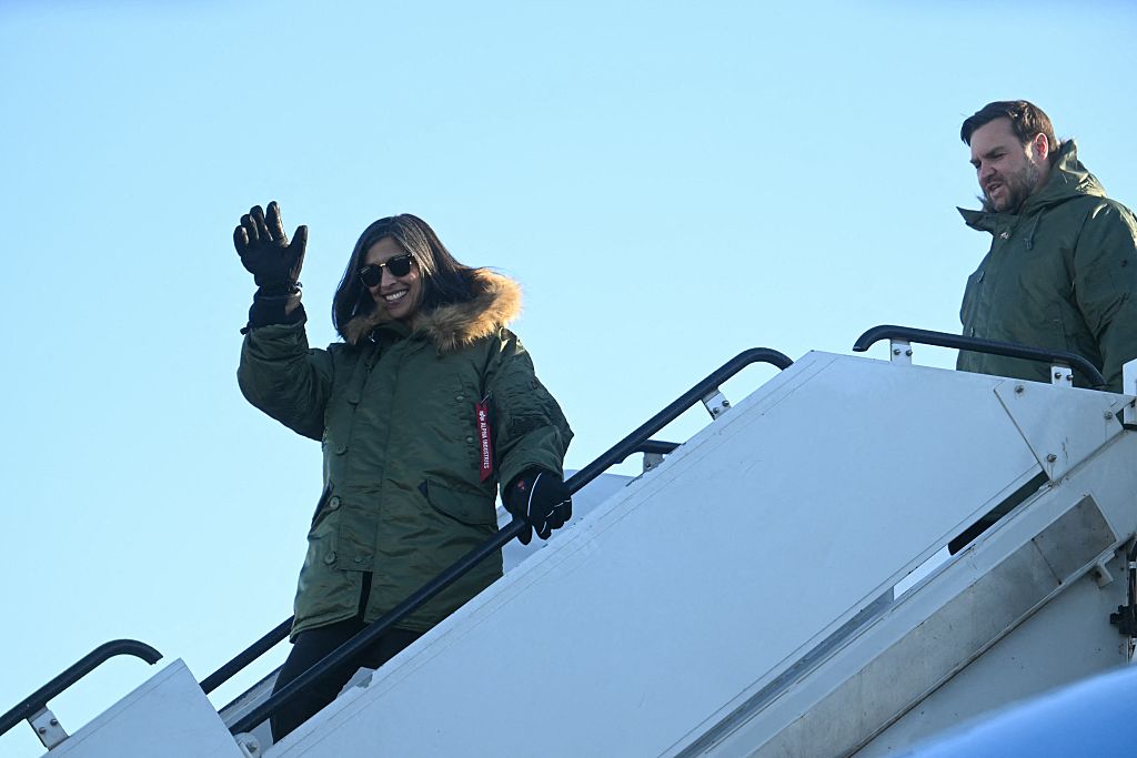 U.S. Vice President JD Vance and Second Lady Usha Vance arrive at the US military's Pituffik Space Base in Greenland on March 28, 2025.