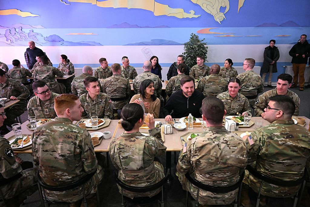 U.S. Vice President JD Vance and second lady Usha Vance eat a meal with soldiers at the U.S. military's Pituffik Space Base in Greenland on March 28, 2025.