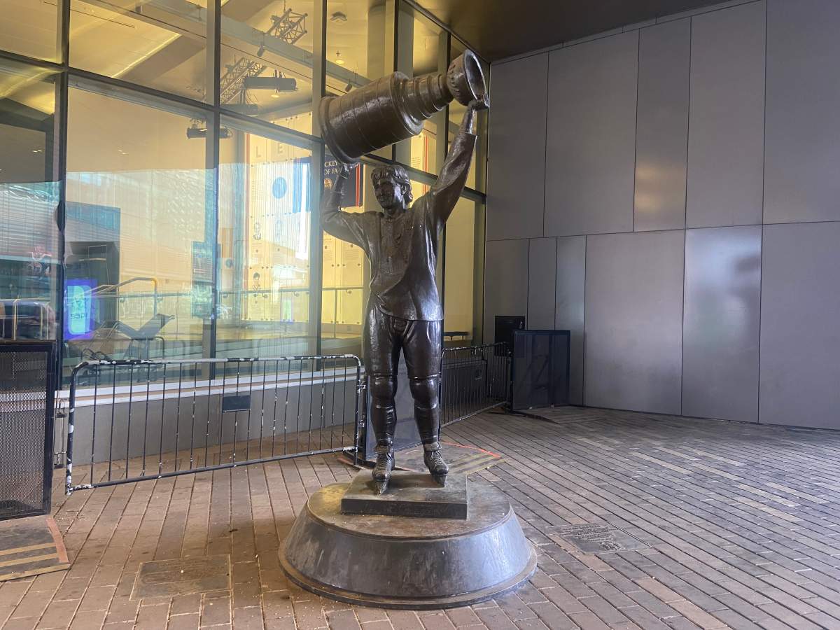 The Wayne Gretzky statue outside of Rogers Place has been vandalized with excrement in Edmonton on Friday March 21, 2025.
