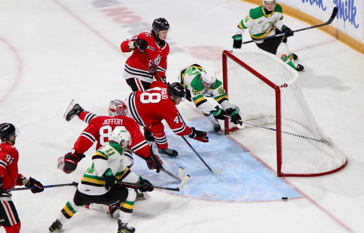 Hayden Jeffrey of the Niagara IceDogs makes one of his 41 saves in a 6-4 Niagara victory over the London Knights at the Meridian Centre on March 1, 2025.