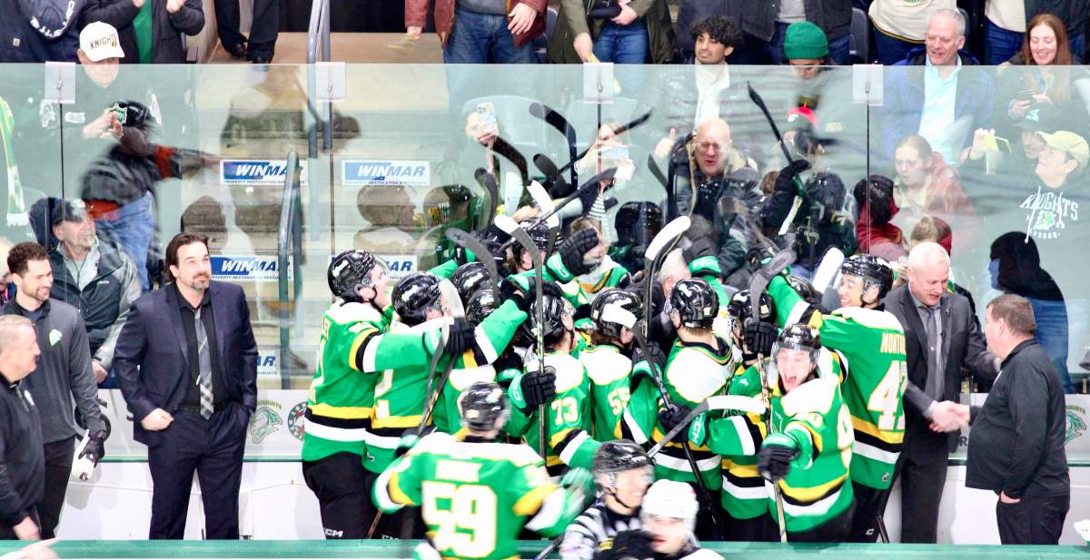 The London Knights congratulate head coach Dale Hunter on his 1000th career victory in the Ontario Hockey League after a 3-2 win over the Kingston Frontenacs on March 7, 2025 at Canada Life Place.
