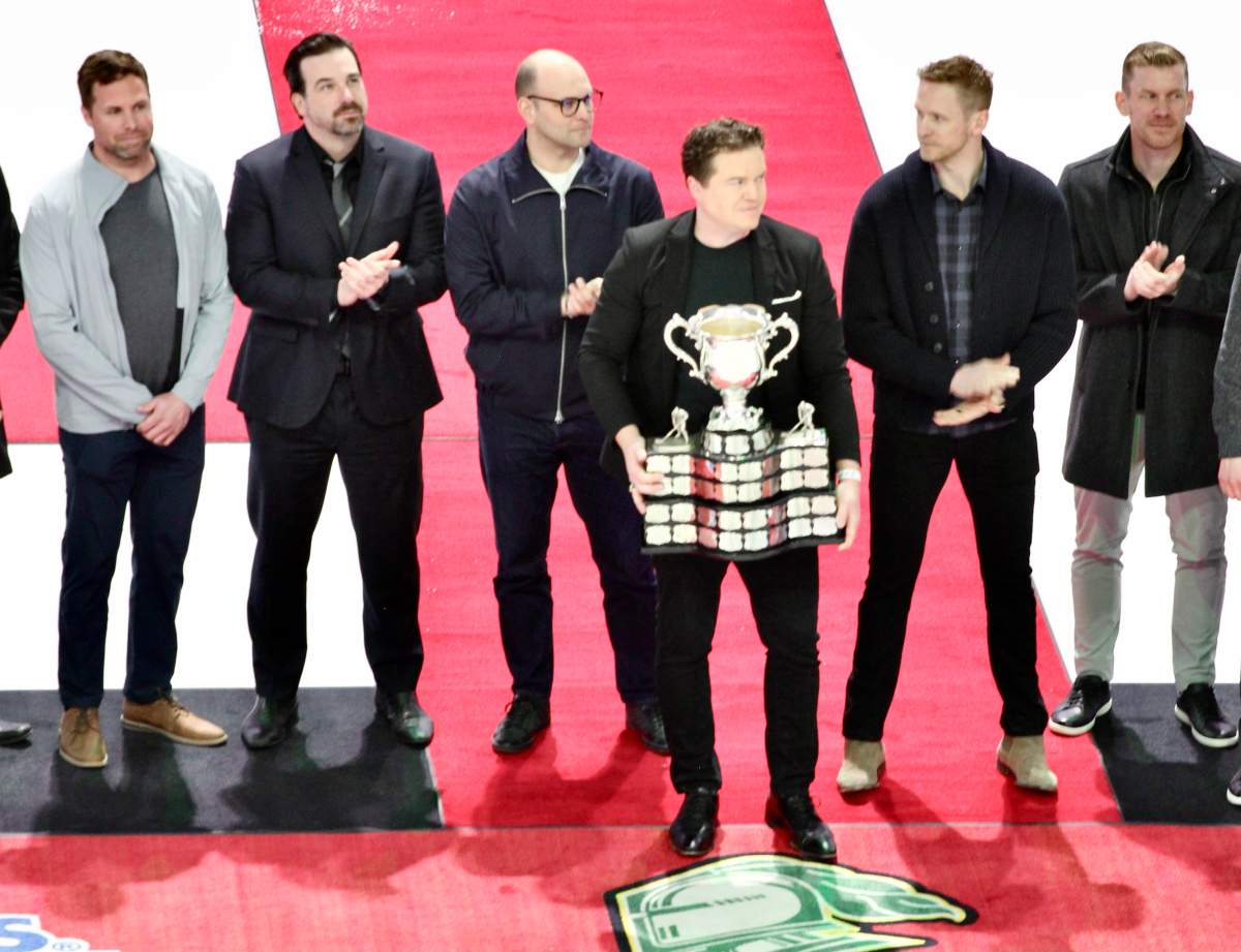 The 2005 Memorial Cup championship team is honoured before a game between the London Knights and Guelph Storm on March 11, 2025 at Canada Life Place.