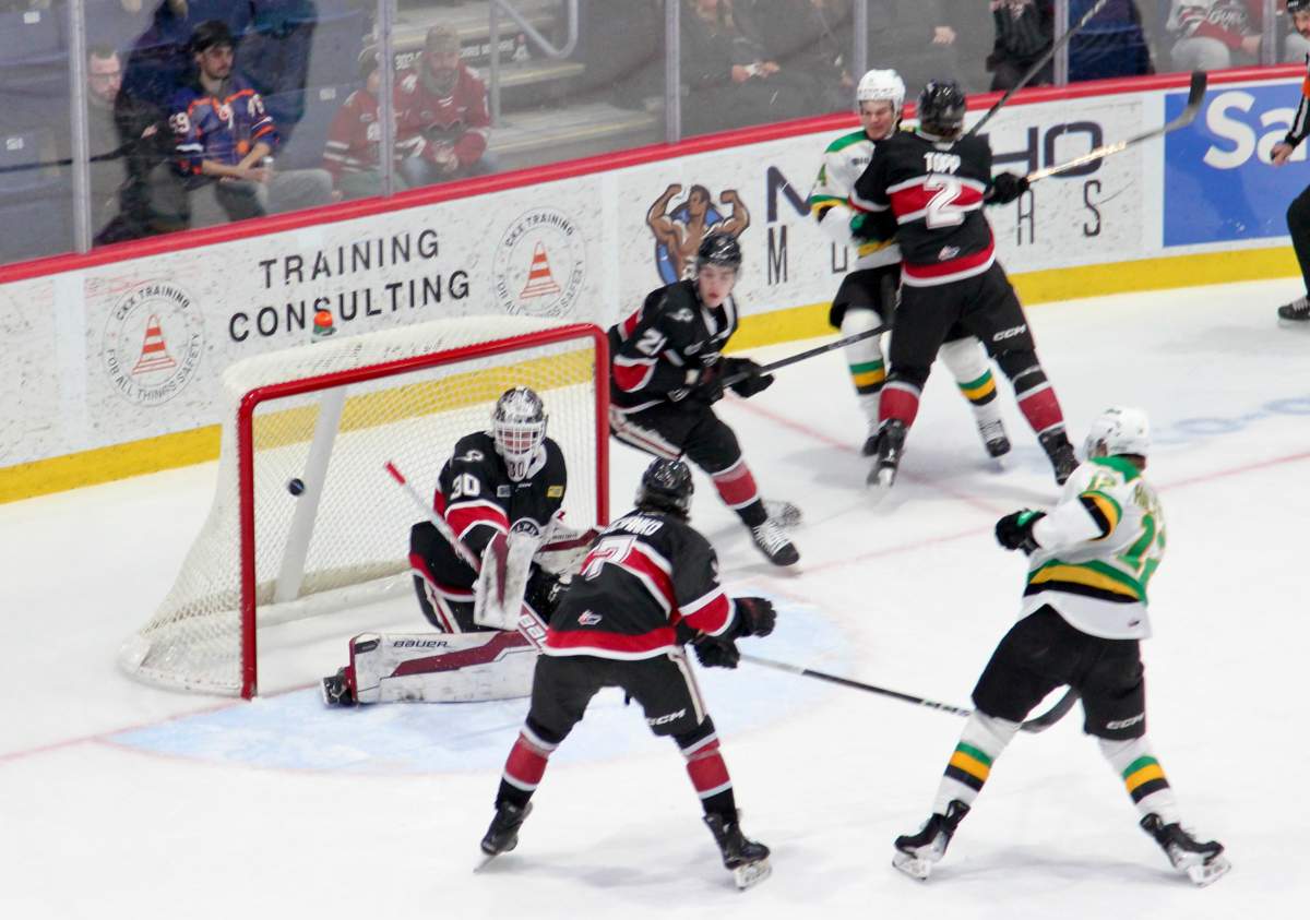 Kasper Halttunen of the London Knights scores his 18th goal of the season against the Guelph Storm in a game played at the Sleeman Centre on March 12, 2025.
