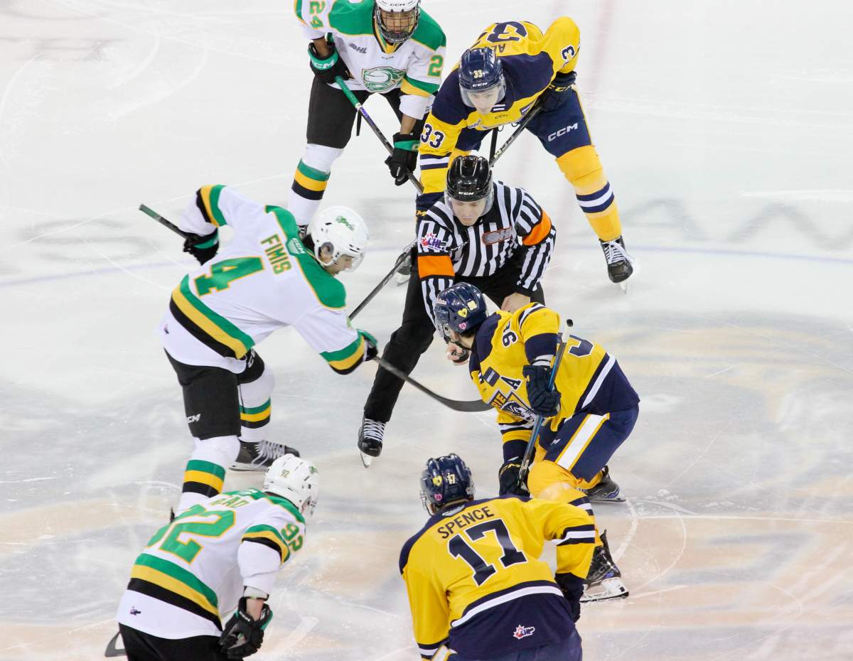 Brothers Andoni Fimis of the London Knights and Pano Fimis of the Erie Otters take the faceoff against each other to begin the second period in the final 2024-25 regular season game for both teams on March 23, 2025.