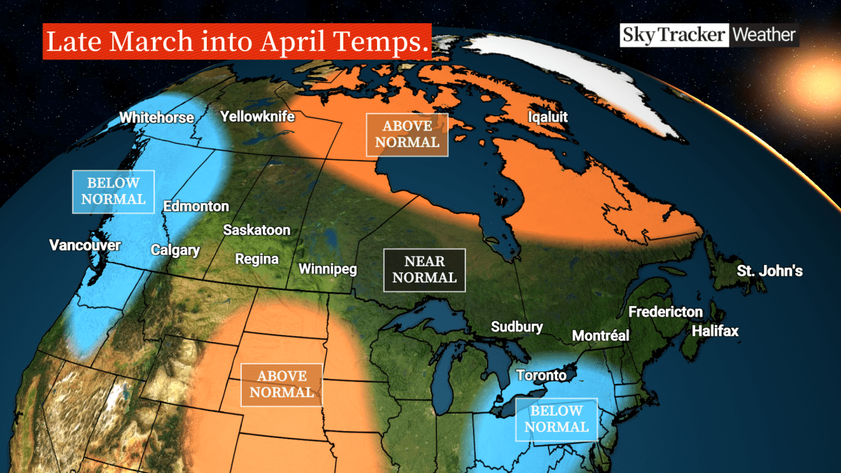 A map shows expected March and April temperatures