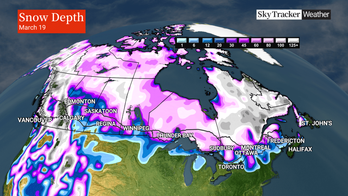 A map shows the snowpack across Canada