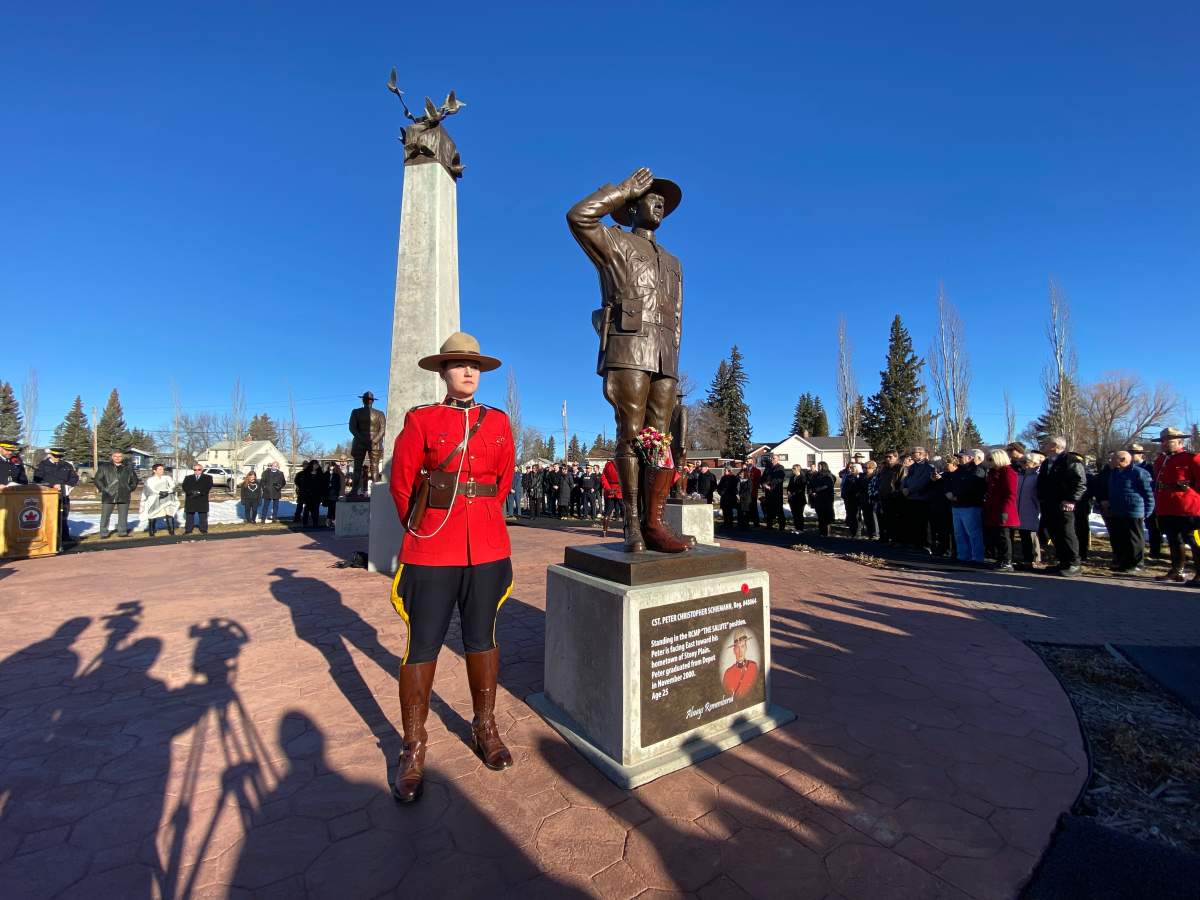 A ceremony at the Fallen Four Memorial Park in Mayerthorpe, Alta. to mark the 20th anniversary of the murders of RCMP officers Peter Schiemann, Leo Johnston, Anthony Gordon and Brock Myrol. Photos taken Monday, March 3, 2025.