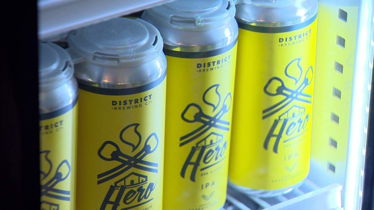 Beer cans in a fridge at District Brewing in Regina, Sask. on Mar. 1, 2025.