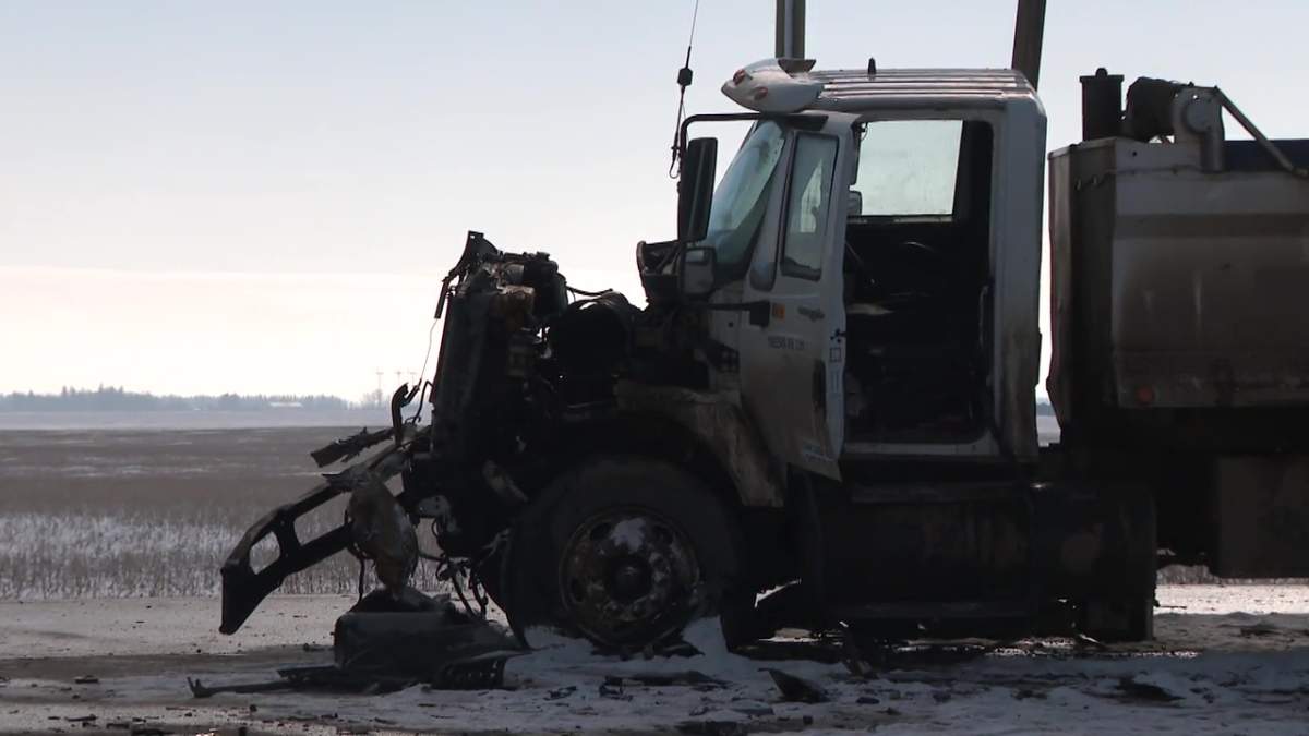 A dump truck was damaged in a three-vehicle crash on Highway 19 near Range Road 55 on the border between Leduc County and Edmonton on Monday, March 10, 2025.