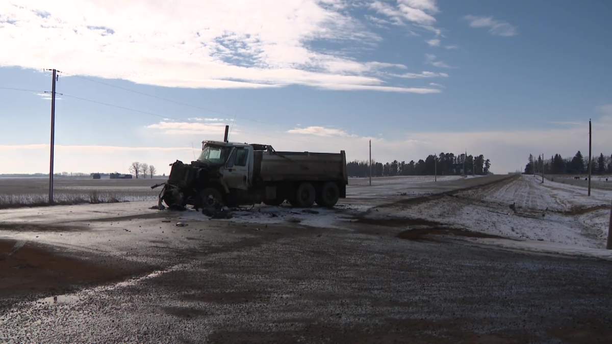 A dump truck was damaged in a three-vehicle crash on Highway 19 near Range Road 55 on the border between Leduc County and Edmonton on Monday, March 10, 2025.