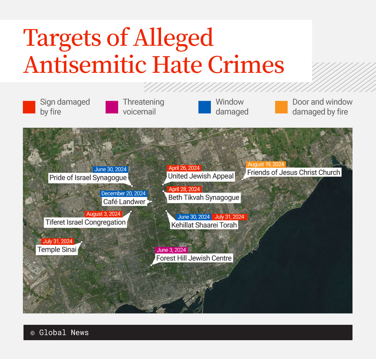 Toronto locations allegedly targeted by Amir Arvahi Azar in 2024.