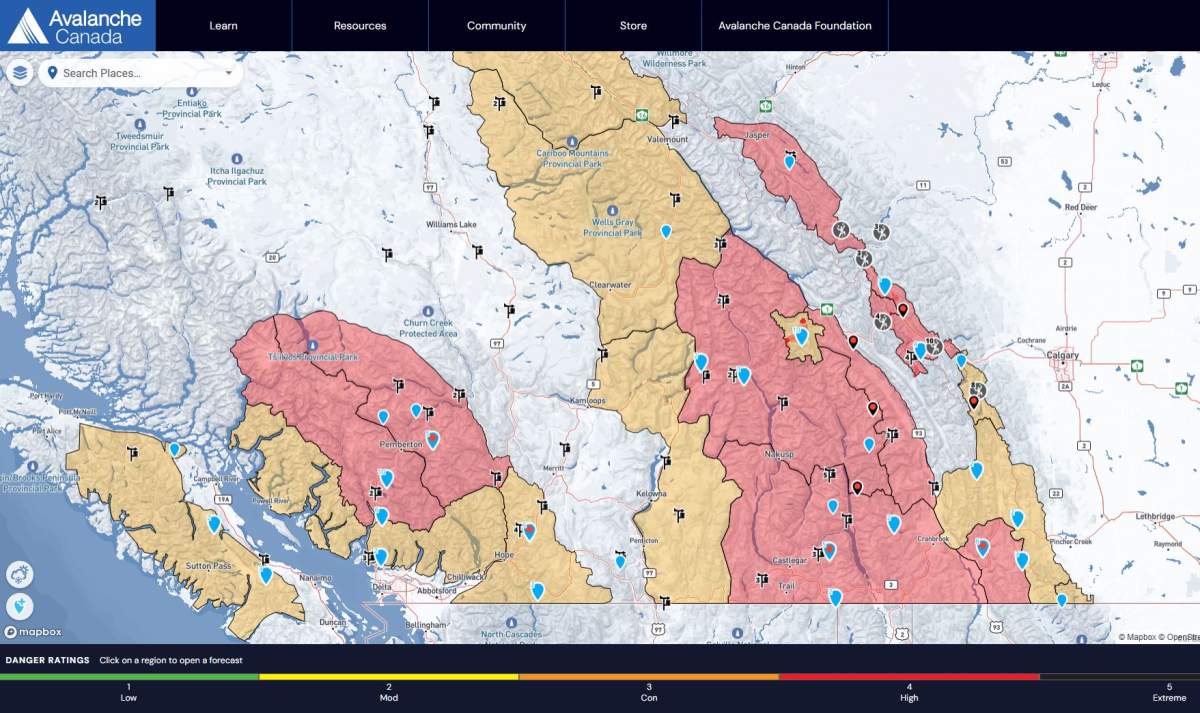 Avalanche Canada is warning of dangerous avalanche conditions across a wide swath of southern Alberta and British Columbia.