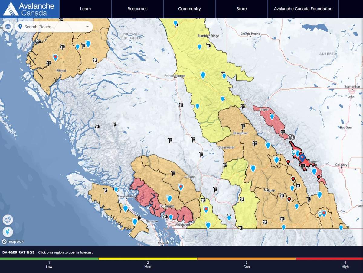 Avalanche Canada says dangerous avalanche conditions persist in a large area of southern Alberta and British Columbia.