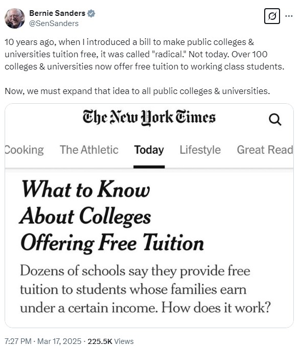 A screenshot of Bernie Sander's post on X.