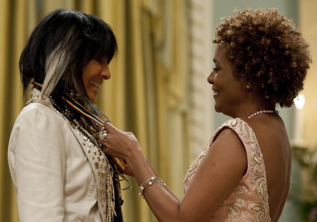 Governor General Michaelle Jean presents the Performing Arts Award to Buffy Sainte-Marie at Rideau Hall in Ottawa on Friday April 30, 2010.