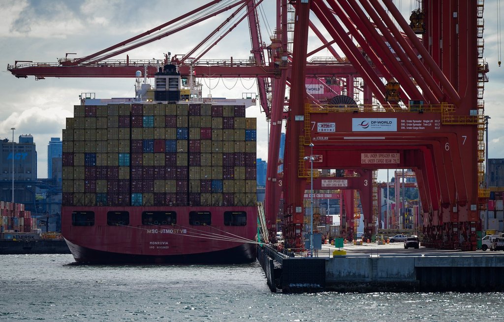 The container ship MSC Utmost VIII is seen docked at port, in Vancouver, B.C., on Thursday, July 25, 2024.