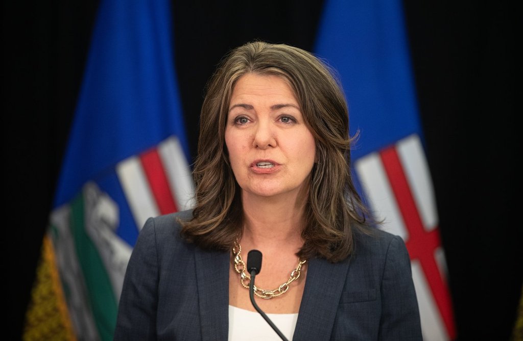 Alberta Premier Danielle Smith speaks during a news conference in Edmonton on Wednesday April 10, 2024.