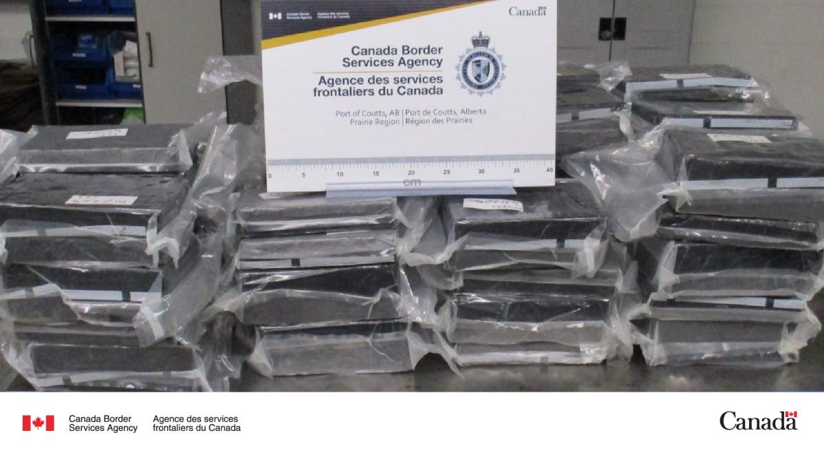 Canada Border Services said a joint operation with the RCMP and Calgary police resulted in the seizure of 108 kg of cocaine at the Coutts, Alberta border crossing.
