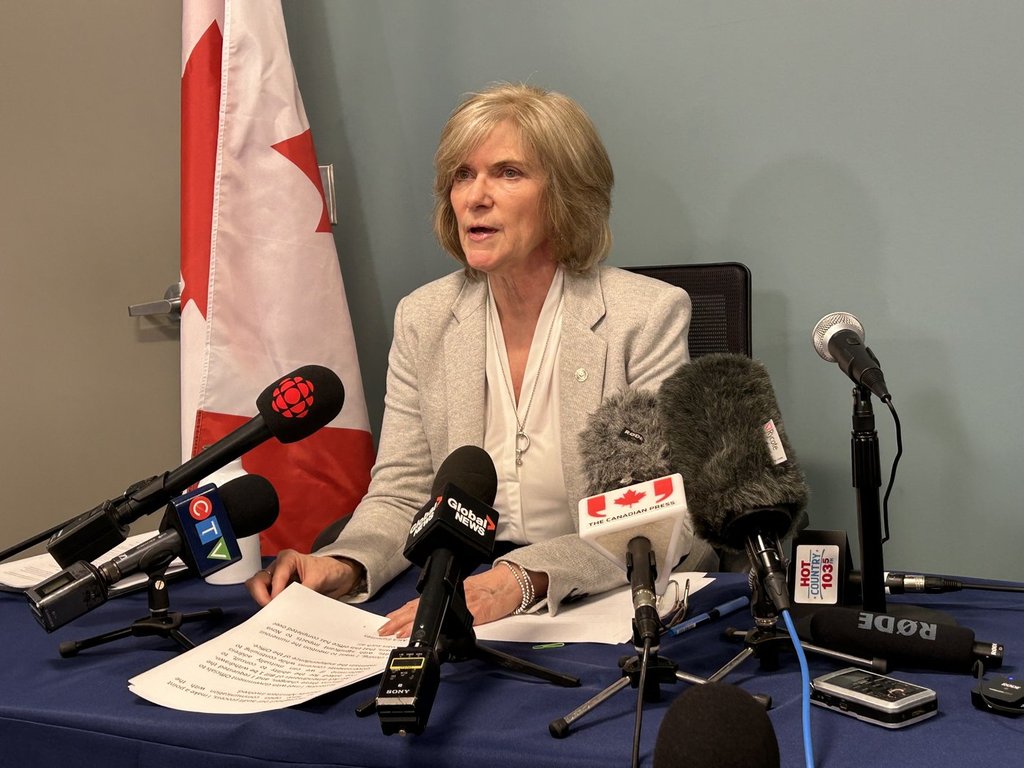 Nova Scotia auditor general Kim Adair addresses a news conference in Halifax on Thursday, Feb. 20, 2025. THE CANADIAN PRESS/Michale Tutton.