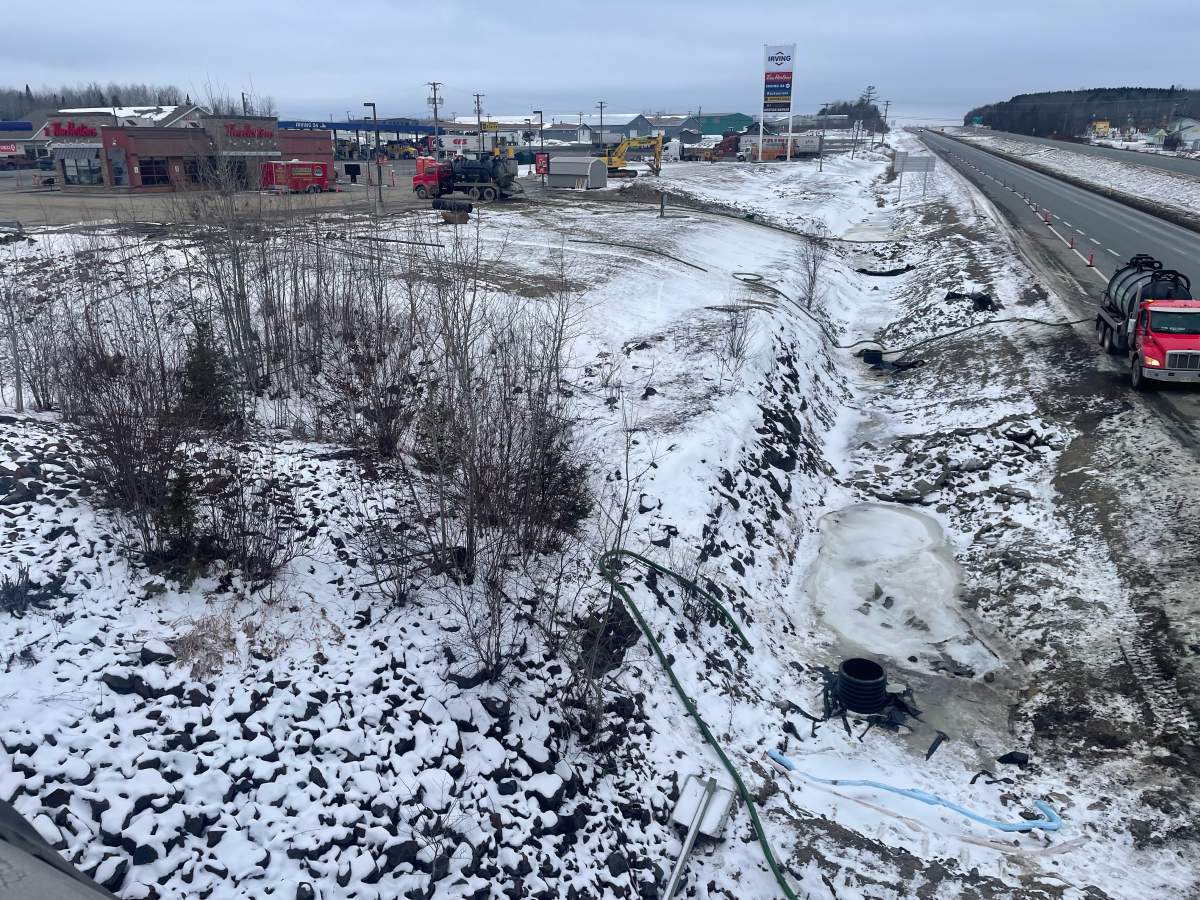 Large vacuum trucks have been working round the clock to remove ground water and any fuel related to a significant spill in December at the Murray’s Irving Truck Stop on the Beardsley Road, Woodstock.
