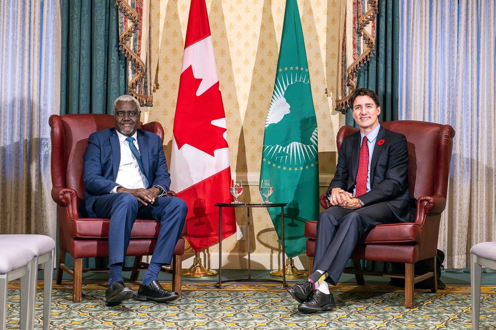 Prime Minister Justin Trudeau takes part in a bilateral meeting with H.E. Moussa Faki Mahamat, chairperson of the African Union, in Toronto, Thursday, Nov. 7, 2024. The Liberals have released their long-promised Africa strategy, without the funding and media blitz that accompanied their plan for Asia. 