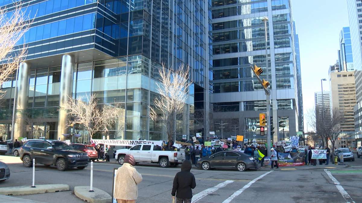 About 100 protestors gathered outside the AER offices in downtown Calgary on Tuesday to protest Northback Holdings' plans to explore for coal in the eastern slopes of the Rocky Mountains.