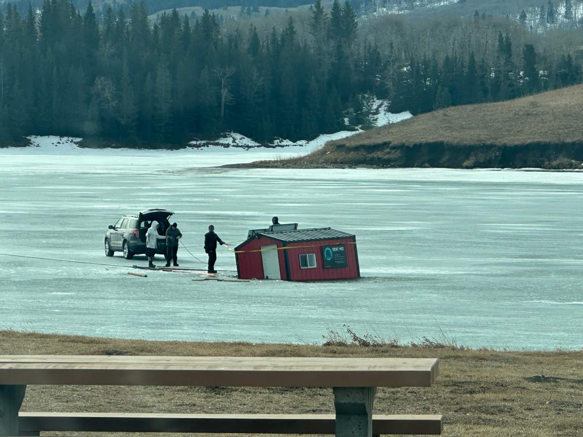 RCMP are warning about the dangers of thin ice after officers were called out to reports of an ice fishing shack that had broken through the ice around Chain Lakes on Sunday.