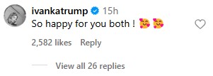A screenshot of Ivanka Trump's comment on Tiger Woods' Instagram post.