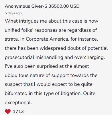 A screenshot from the GiveSendGo crowdfunder, titled, Luigi Mangione Official Defense Fund.