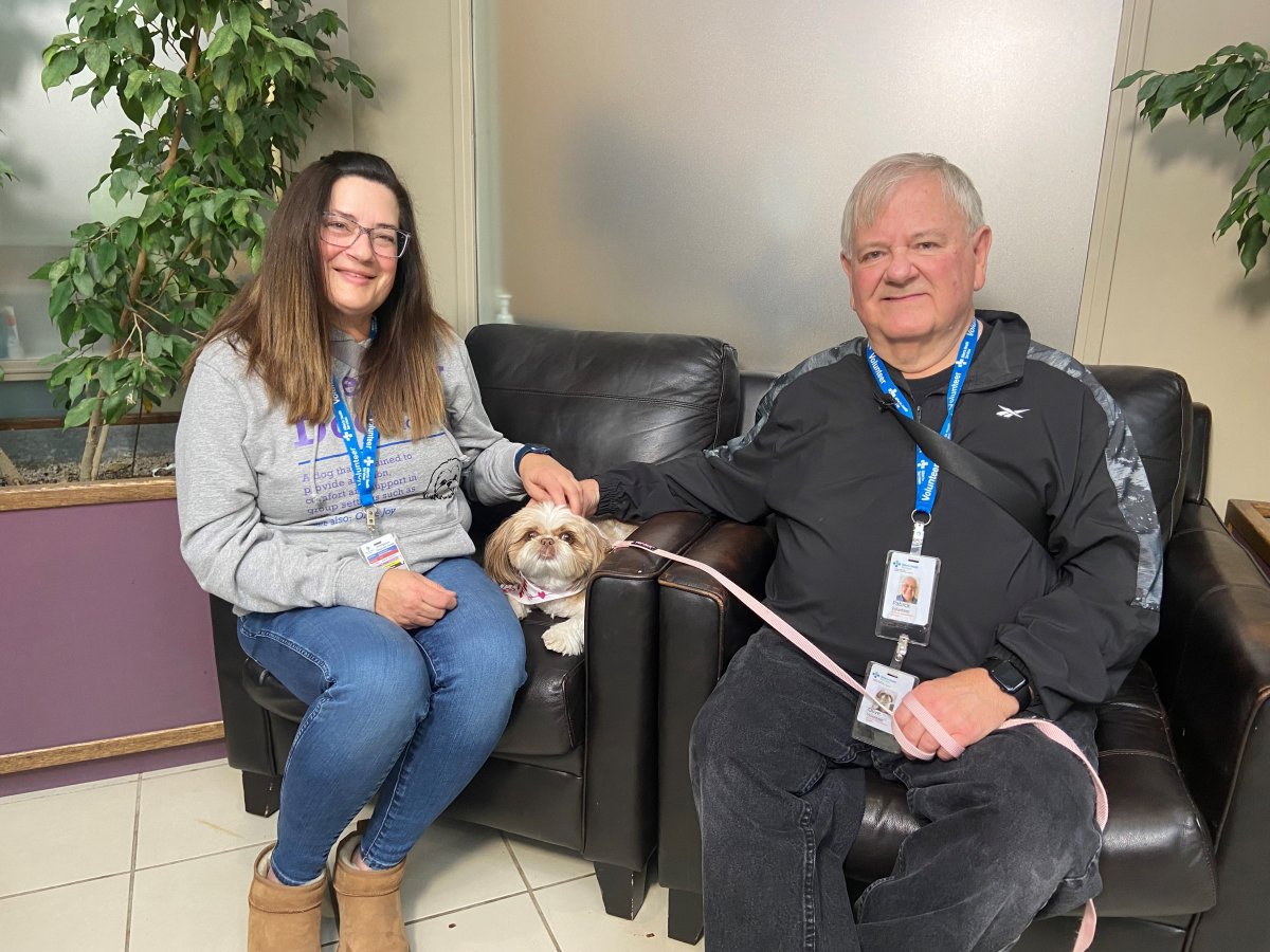 Olive Joy and her owners Cindy and Patrick Wilson are regular volunteers at the Glenrose Rahabilitation Hospital.