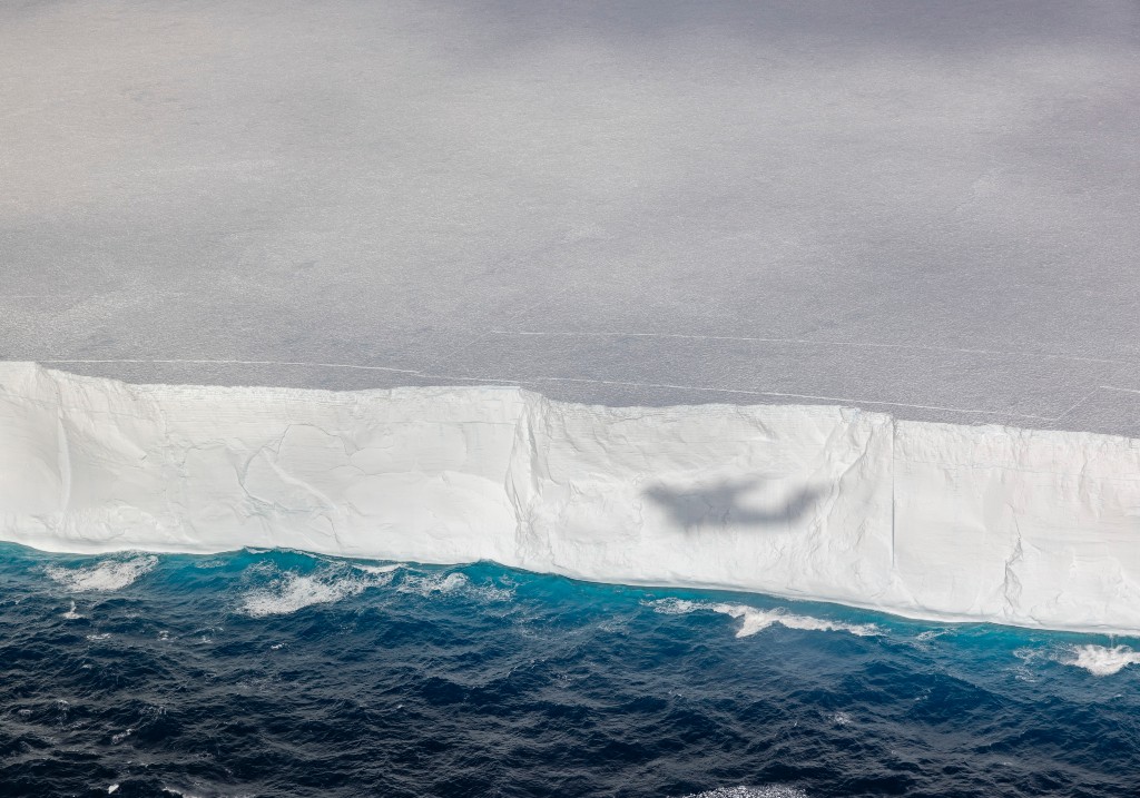 An aerial view of Iceberg A23a during a British Royal Air Force on November 24, 2024 in the South Atlantic Ocean near South Georgia and the South Sandwich Islands.