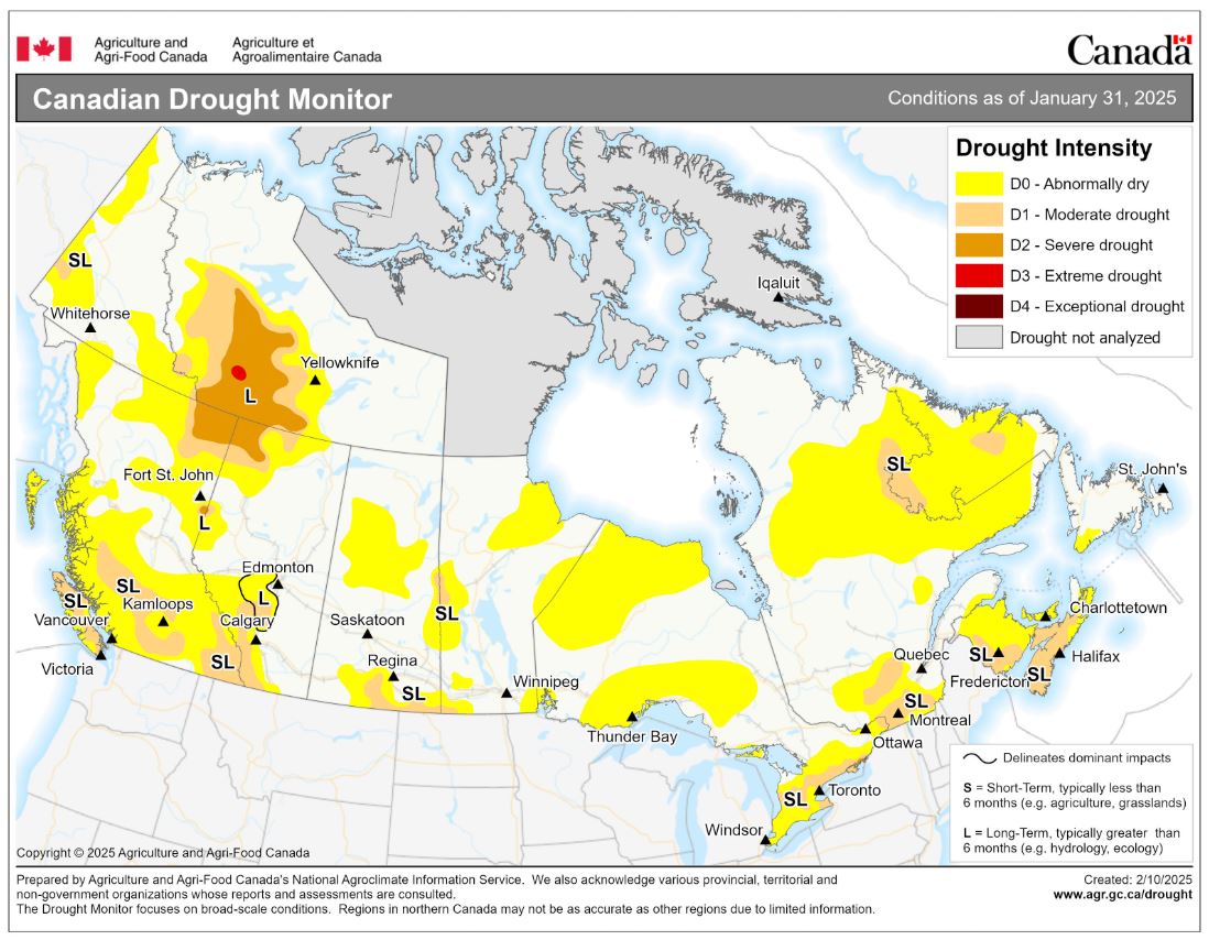 This drought conditions map from Agriculture Canada show the extreme northwest part of the province continues to experience severe drought conditions.