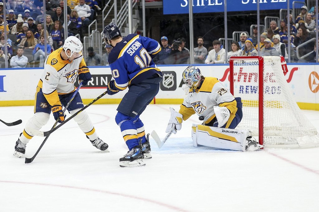 Nashville Predators goaltender Justus Annunen (29) stops the puck as Nashville Predators’ Luke Schenn (2) and St. Louis Blues’ Brayden Schenn (10) battle during the second period of an NHL hockey game Friday, Dec. 27, 2024, in St. Louis. (AP Photo/Scott Kane)