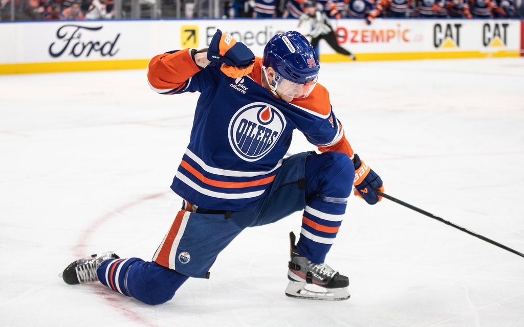 Edmonton Oilers' Corey Perry (90) celebrates a goal against the Los Angeles Kings during second period NHL playoff action in Edmonton on Sunday, April 27, 2025.