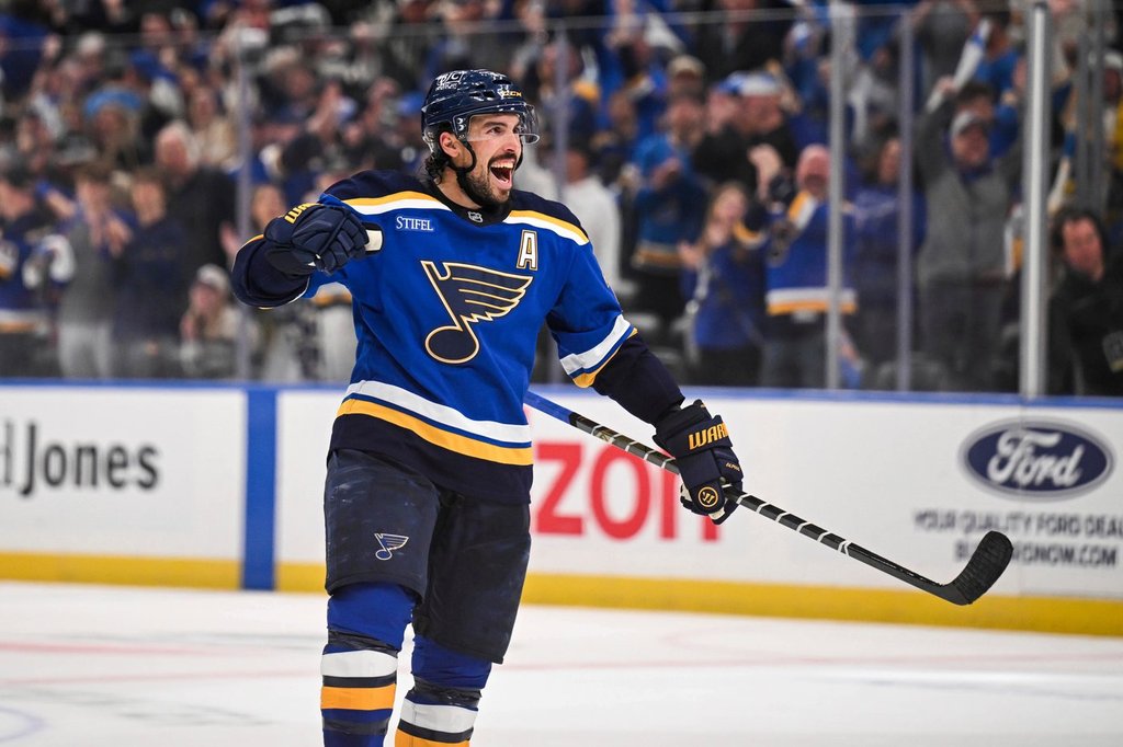 St. Louis Blues' Justin Faulk reacts after scoring against the Winnipeg Jets during the second period in Game 4 of an NHL hockey first-round playoff series Sunday, April 27, 2025, in St. Louis.