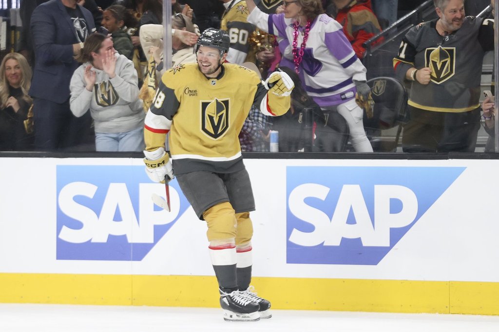 Vegas Golden Knights centre Tomas Hertl (48) celebrates after scoring a goal during the first period in Game 1 of an NHL hockey Stanley Cup first-round playoff series against the Minnesota Wild Sunday, April 20, 2025, in Las Vegas.