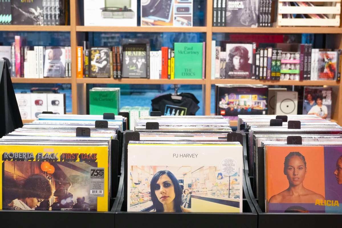 Vinyl records stand on display at an Indigo store in Toronto on Oct. 26, 2023. THE CANADIAN PRESS/Chris Young.