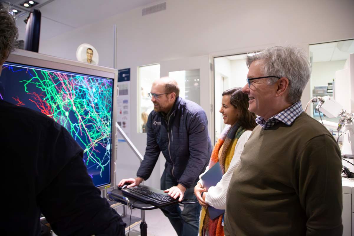 This photo provided by the Allen Institute shows, from left, Associate Director of Informatics Forrest Collman, Data Analyst Leila Elabbady and Senior Investigator Clay Reid reviewing neuron reconstructions for the Machine Intelligence from Cortical Networks project in Dec. 2024, in Seattle, Wash. (Jenny Burns/Allen Institute via AP)