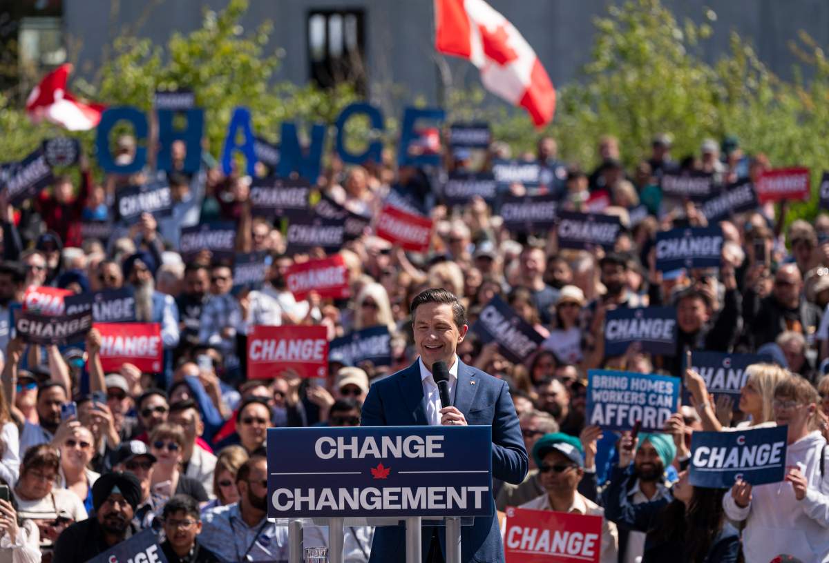 Pierre Poilievre, Leader of the Conservative Party of Canada, speaks during a rally in Delta, B.C., on Saturday April 26, 2025.