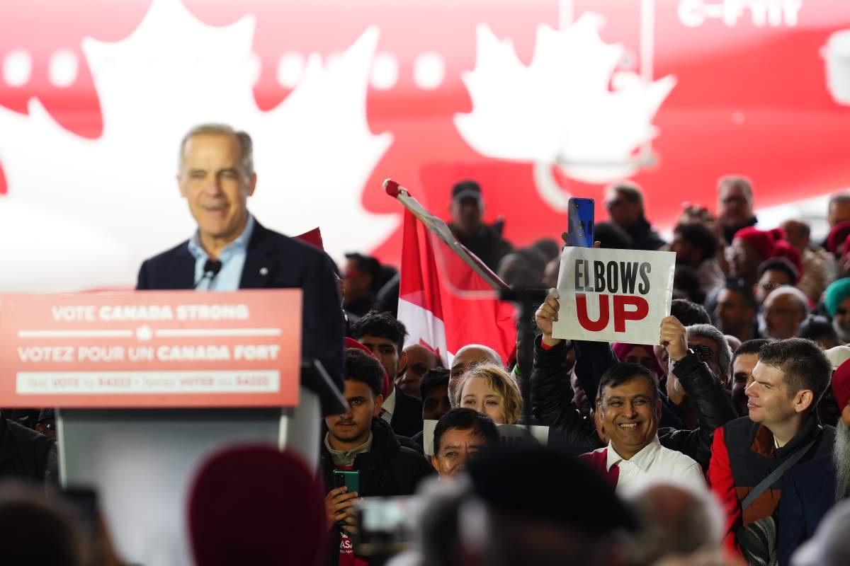 Liberal Leader Mark Carney speaks to attendees at a rally in Mississauga, Ont., Saturday, April 26, 2025.