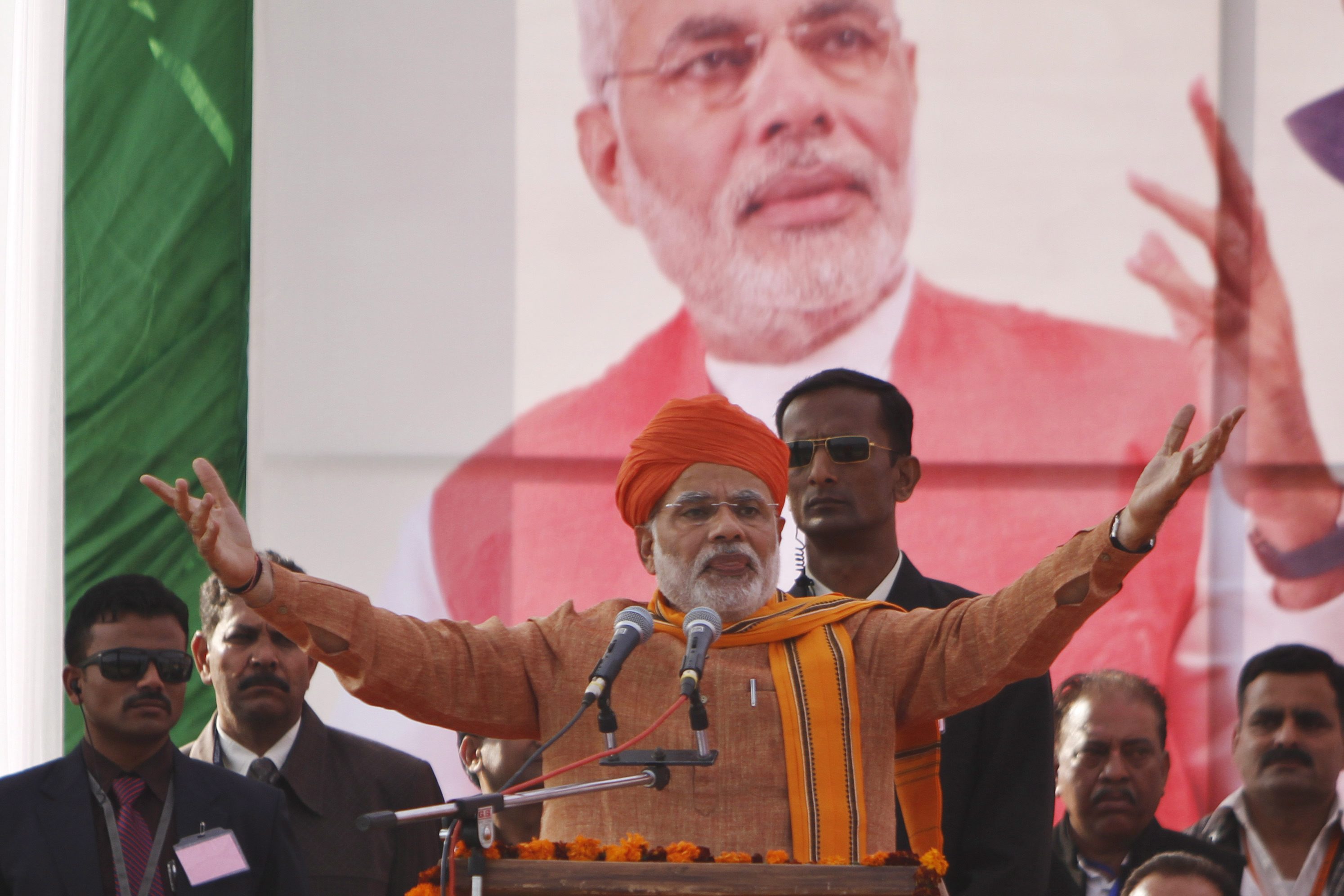 Narendra Modi addresses supporters in Jammu, India, on Dec.1, 2013. (AP Photo/Channi Anand)