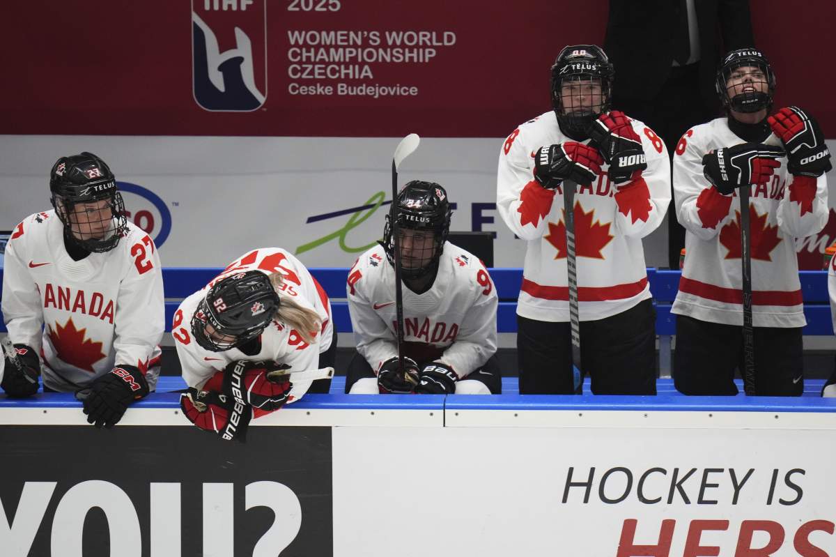 Canada players stand dejected after the gold medal match between Canada and United States at the Women's Ice Hockey Championships in Ceske Budejovice, Czech Republic, Sunday, April 20, 2025.