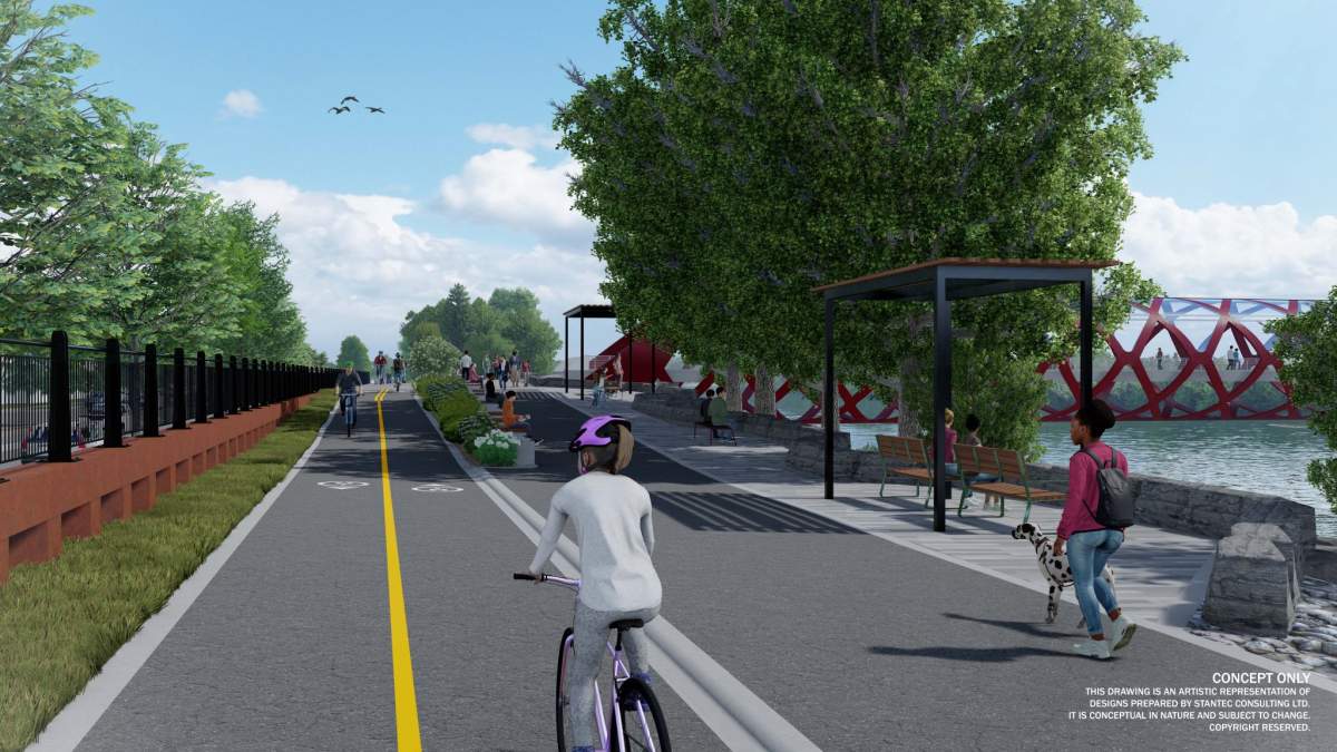 A City of Calgary rendering of the sheet pile flood wall near the Peace Bridge.