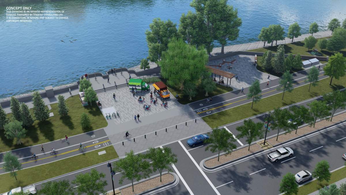 A City of Calgary rendering of the concrete flood wall and food truck plaza.