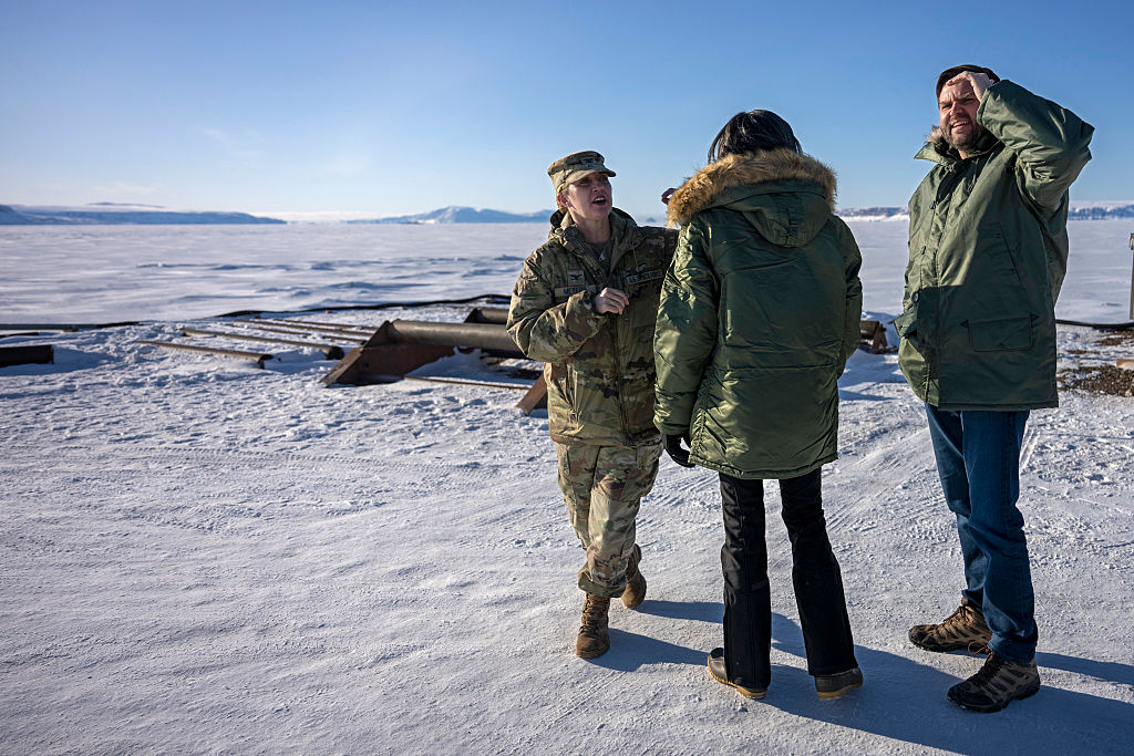 US Vice President JD Vance (R) and second lady Usha Vance (C) with Col Susannah Meyers, tour the U.S. military's Pituffik Space Base on March 28, 2025 in Pituffik, Greenland.
