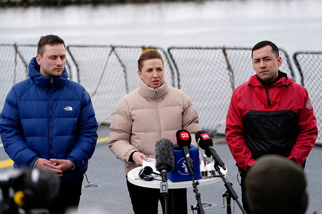 Denmark's Prime Minister Mette Frederiksen (C), Greenland's acting head of government Múte Bourup Egede (R) and newly elected head of government Jens-Frederik Nielsen (L) hold a press conference aboard the Danish Navy inspection ship Vaedderen in Nuuk, Greenland, on April 3, 2025.