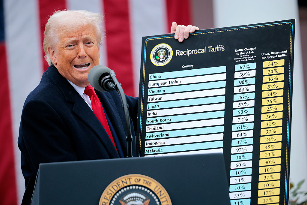 President Donald Trump holds up a chart while speaking during a “Make America Wealthy Again” trade announcement event in the Rose Garden at the White House on April 2, 2025 in Washington, DC.