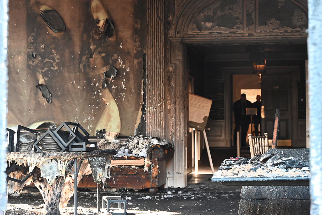 A view of the damage after an arsonist sets fire to the Pennsylvania Governor Josh Shapiro's residence in a targeted attack in Harrisburg, Pennsylvania, United States on April 13, 2025. Governor Josh Shapiro held a press conference later in the day to address the incident and reassure the public. At approximately 2:00 a.m., the Harrisburg Fire Department responded to a fire at the Governor's Residence, located on North Front Street in Harrisburg City, Dauphin County. Crews quickly contained and extinguished the fire, which damaged a portion of the historic residence.