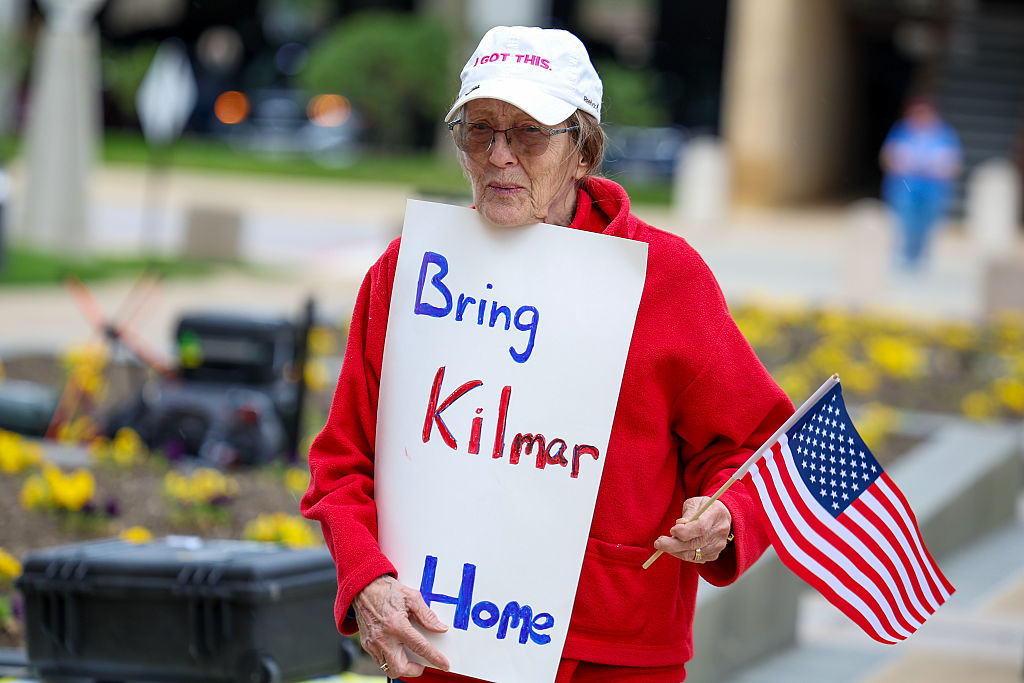 Protesters show support for Jennifer Vasquez Sura, the wife of Kilmar Abrego Garcia, who was mistakenly deported to El Salvador. The Trump administration admits Abrego Garcia was deported accidentally but has not yet acted on a judge's order to facilitate his return to the U.S